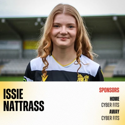 Ella in her Darlington FC Women kit, with Cyber Fits shown as her home and away sponsor