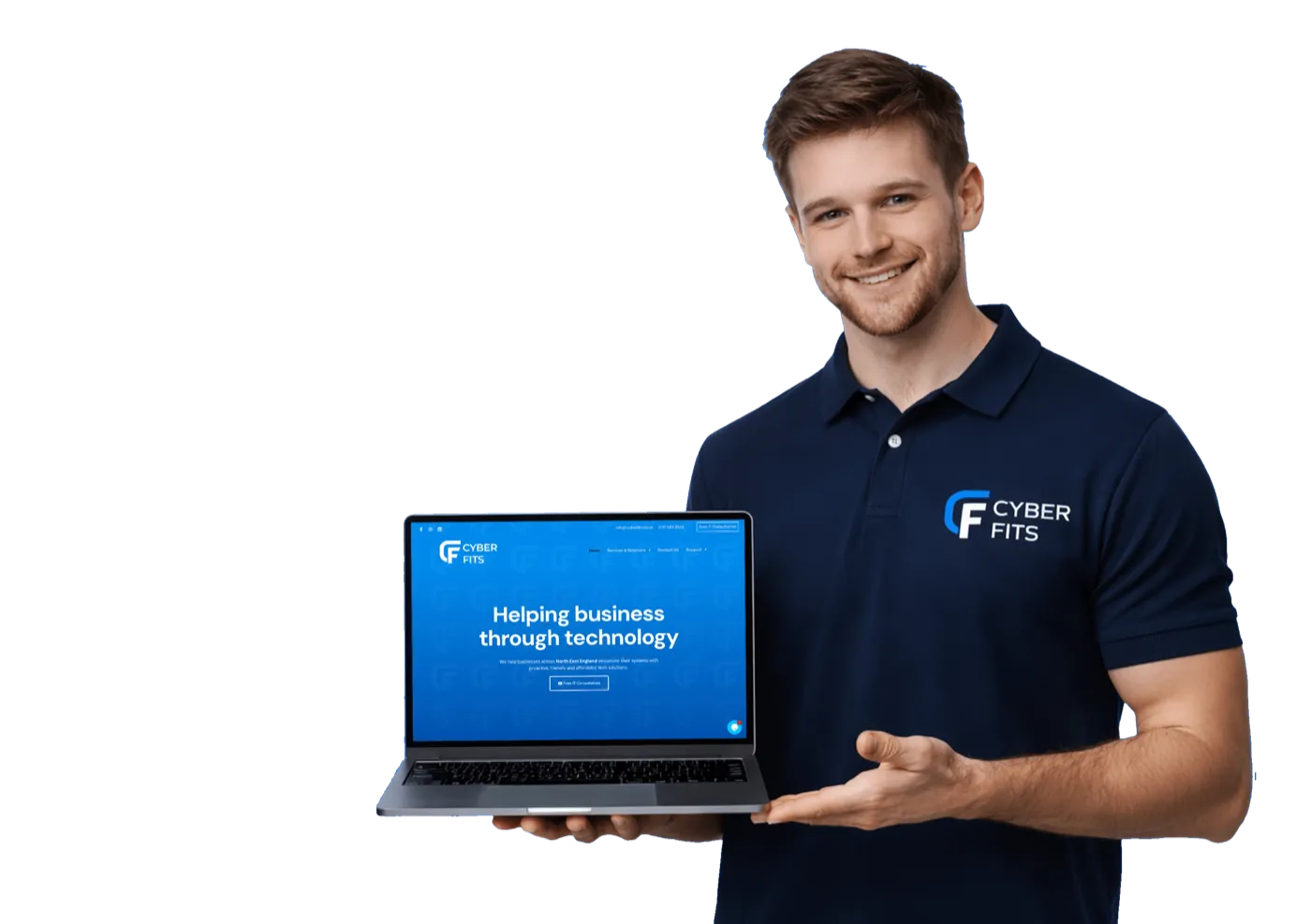 A Cyber Fits engineer holding a laptop
