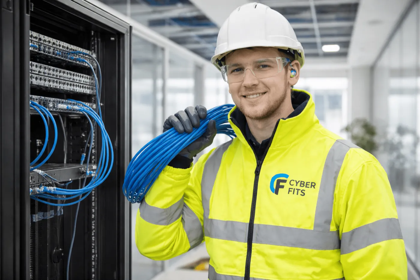 A Cyber Fits engineer in branded hi vis carrying network cable beside a server rack